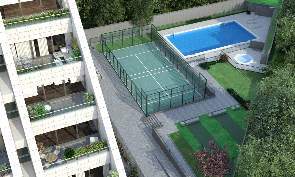 Zonas comunes con jardín piscina y posta de pádel de vivienda