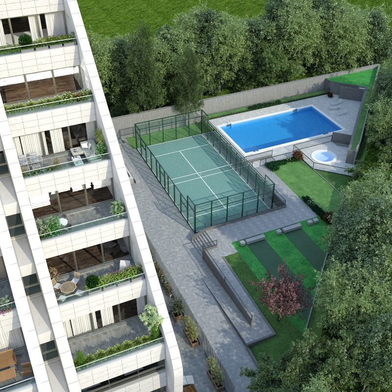 Zonas comunes con jardín piscina y posta de pádel de vivienda