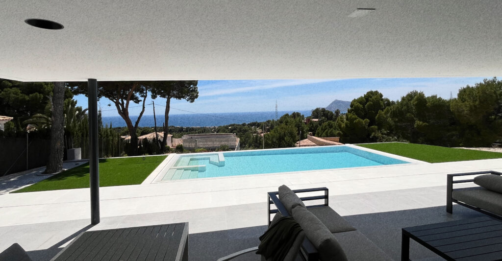 Piscina en jardín de moderna vivienda